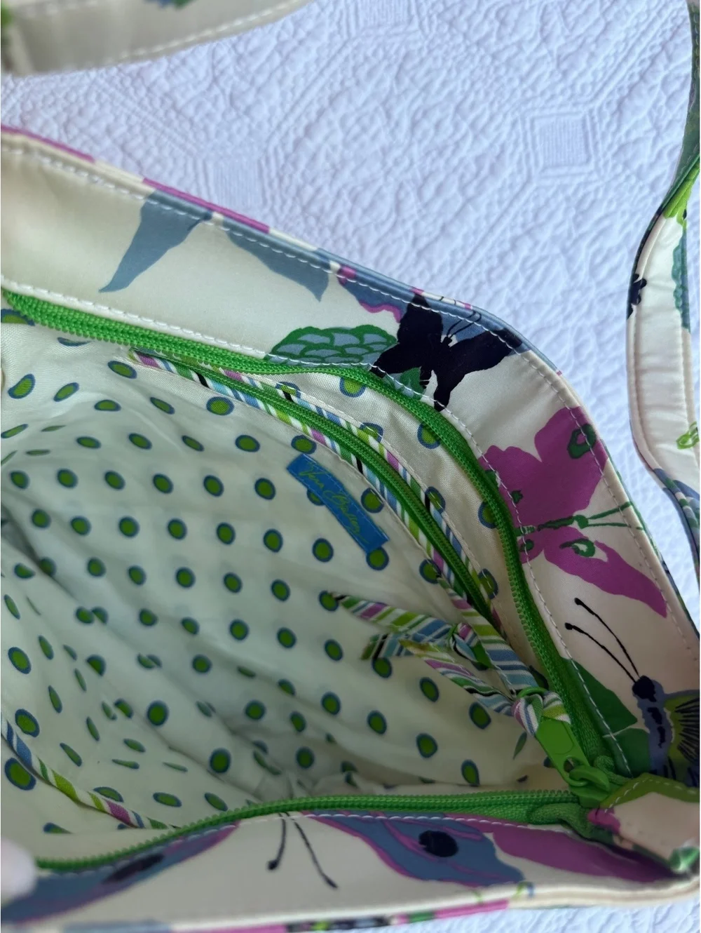 Vera Bradley Quilted Floral and Butterfly Print Shoulder Bag with Green Zipper